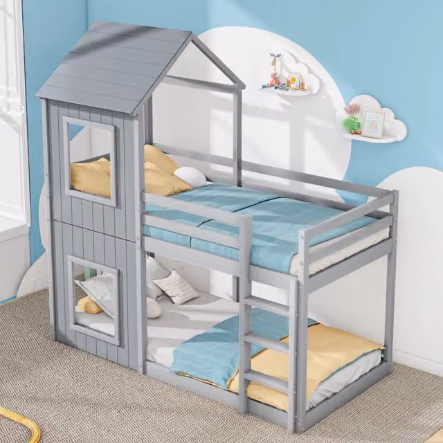 Letto a castello per bambini 90 x 200 cm; pino e MDF; grigio; con sponda di sicurezza