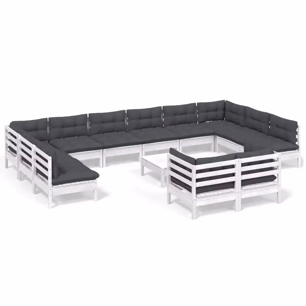 Set di divani da giardino a forma di U vidaXL in legno di pino con cuscini bianchi e antracite – 2
