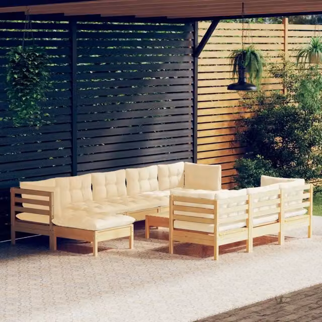 Set di Divani da Giardino vidaXL in Legno di Pino con Cuscini Beige, 11 Pezzi