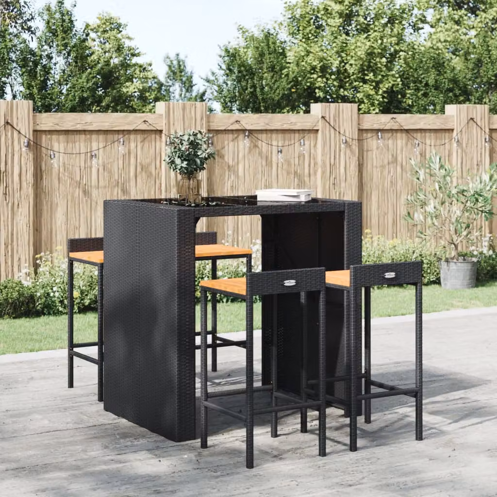 Set di 4 sgabelli da bar vidaXL in polyrattan nero e legno di acacia massello