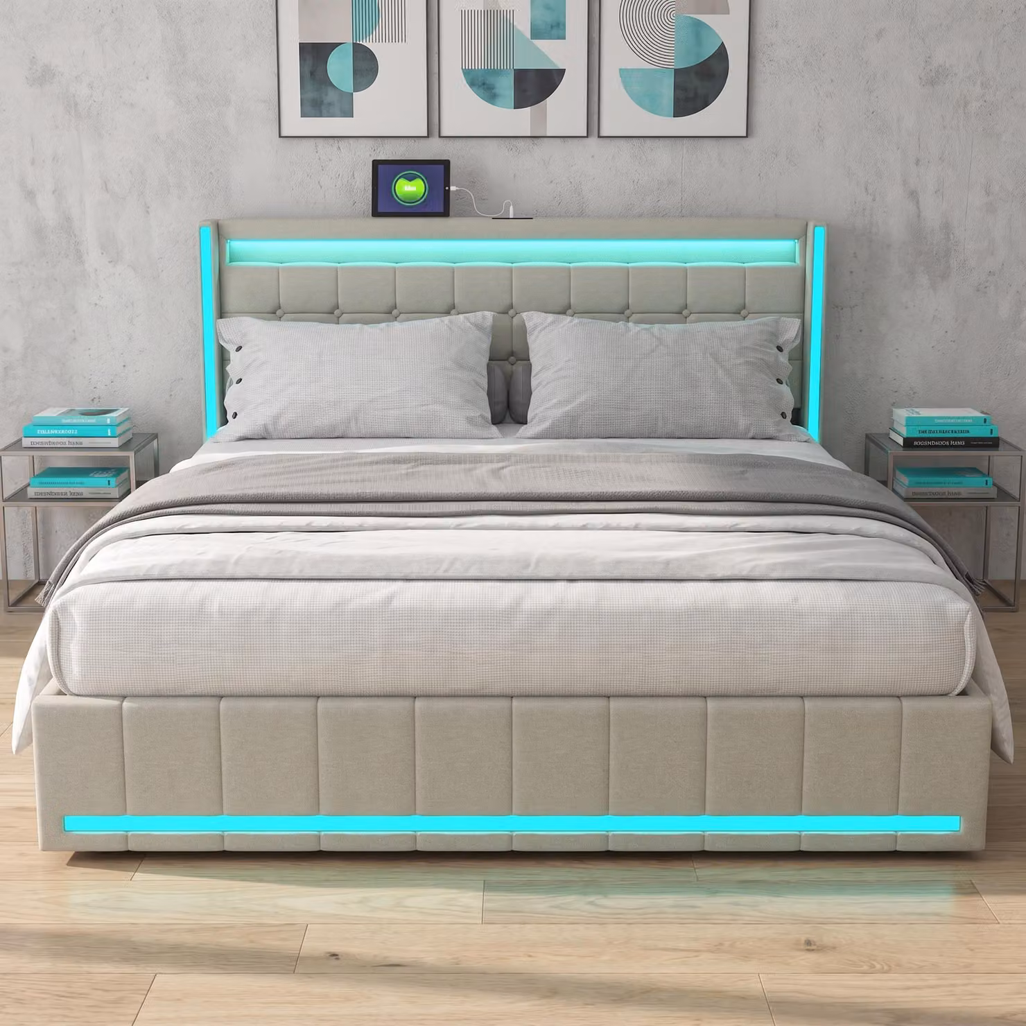 Letto matrimoniale INONEFT 140x190 cm, imbottito in lino con 4 cassetti, letto contenitore per ragazzi con rete a doghe e illuminazione LED, funzione di ricarica USB, color beige