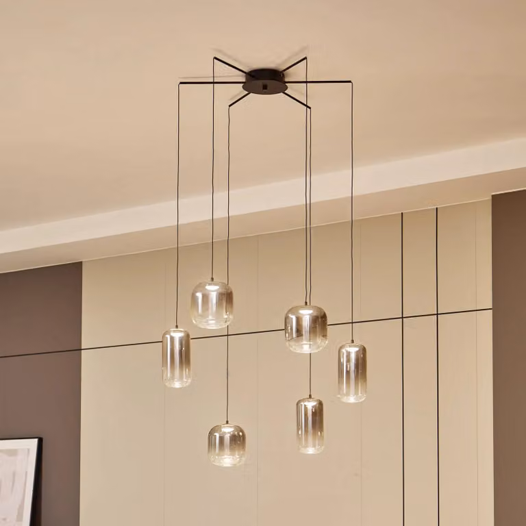 Lampada a sospensione Lucande LED Avelina, grigio fumo, 6 luci Avelina, Soggiorno / Sala da pranzo, Vetro, Moderno