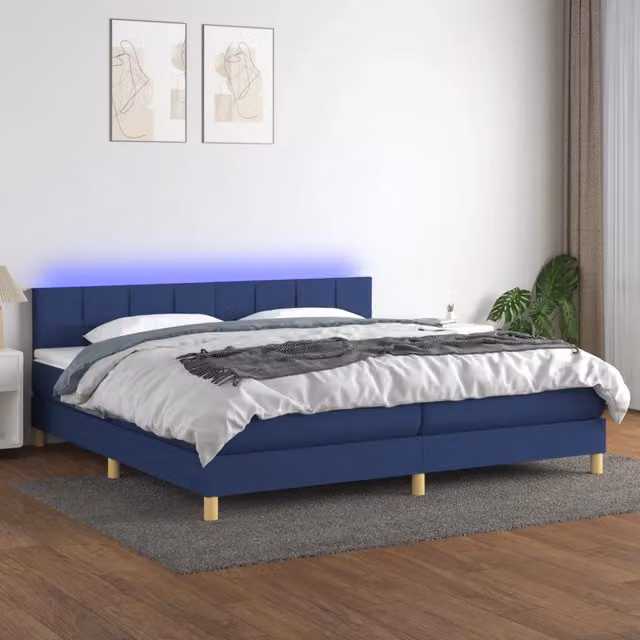Letto moderno vidaXL con materasso a molle pocket e illuminazione LED blu, tessuto bianco e blu, L: 200 cm, P: 200 cm, H: 203 cm – 1