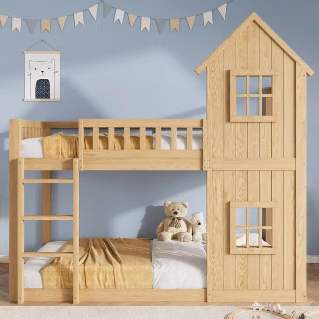Letto a castello per bambini 90 × 200 cm con scala a 3 gradini, finestre e barriere, senza materasso, naturale