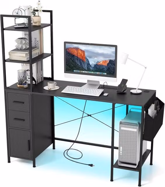 Scrivania da Gaming con Libreria e Luci LED Costway, Scrivania per Ufficio e PC con 2 Cassetti, 4 Ripiani e Anta, Colore Nero, L 120 x P 65 x H 130 cm