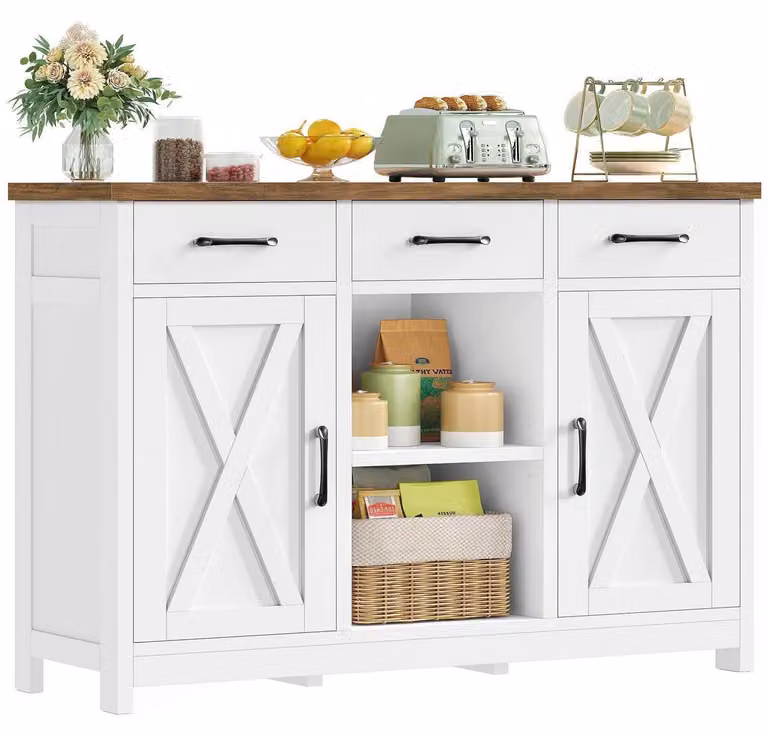 Mobile contenitore con 2 ante e 3 cassetti, pensile da cucina con piano di lavoro, 90 x 30 x 80 cm, bianco