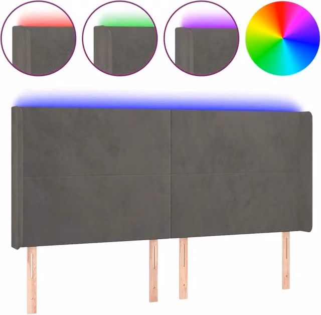 Testiera moderna in tessuto grigio scuro con illuminazione LED integrata e porta di ricarica USB, L: 183 cm, P: 16 cm, H: 118/128 cm – 1