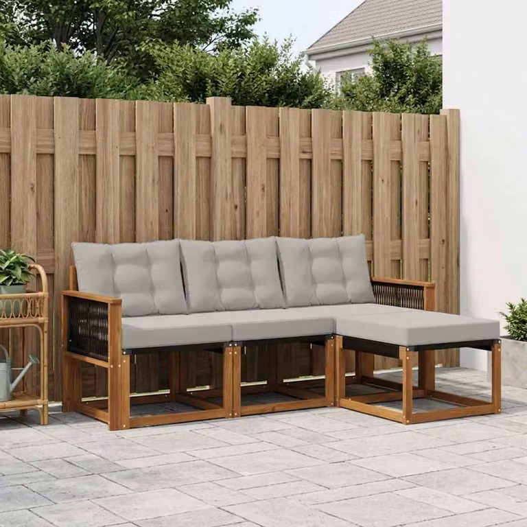 Set di divani da esterno vidaXL a forma di L composto da 4 pezzi in legno di acacia con cuscini in tessuto beige e grigio