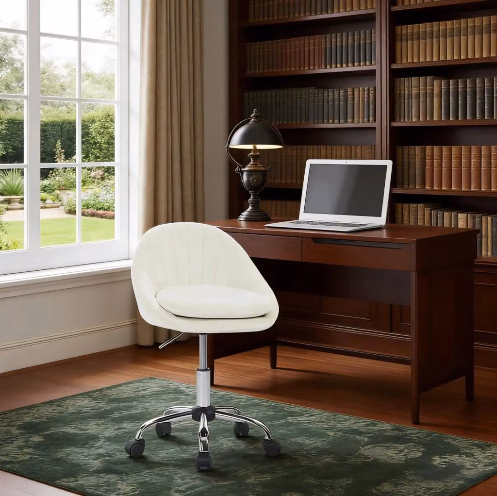 Sedia da ufficio ergonomica moderna in velluto beige con base in metallo e ruote girevoli 360 per casa e ufficio – 2