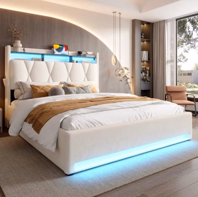 Letto contenitore 140x200 cm con testiera portaoggetti e LED; velluto beige (Senza materasso)
