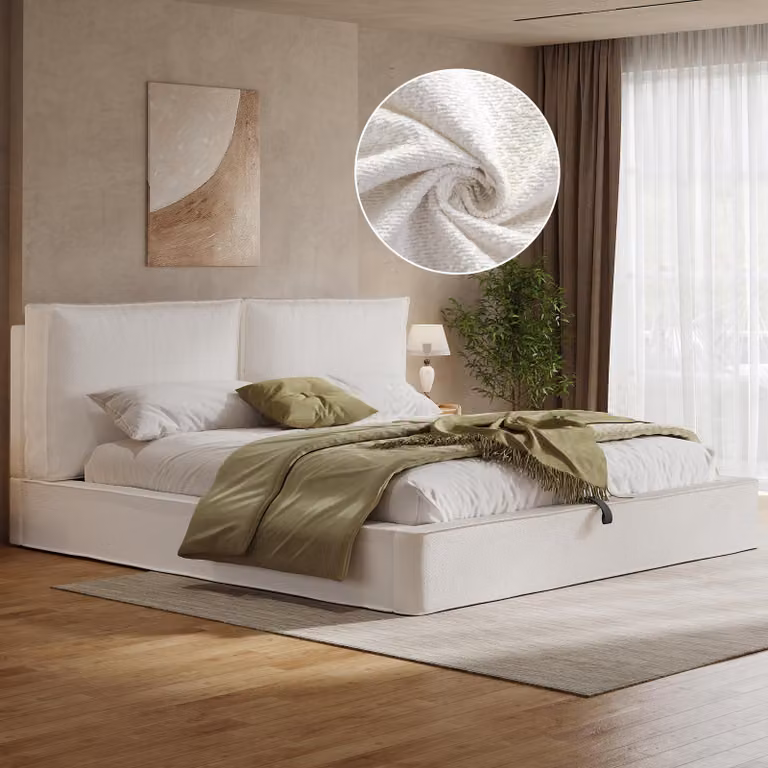 Letto imbottito idraulico Flieks 180x200 cm con contenitore, letto matrimoniale con testiera imbottita, letto con contenitore, letto in legno per ragazzi, bouclé, beige