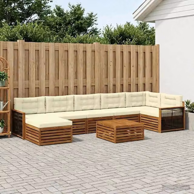 Set di divani da esterno a L con tavolino e pouf vidaXL in legno di acacia, colore marrone e beige