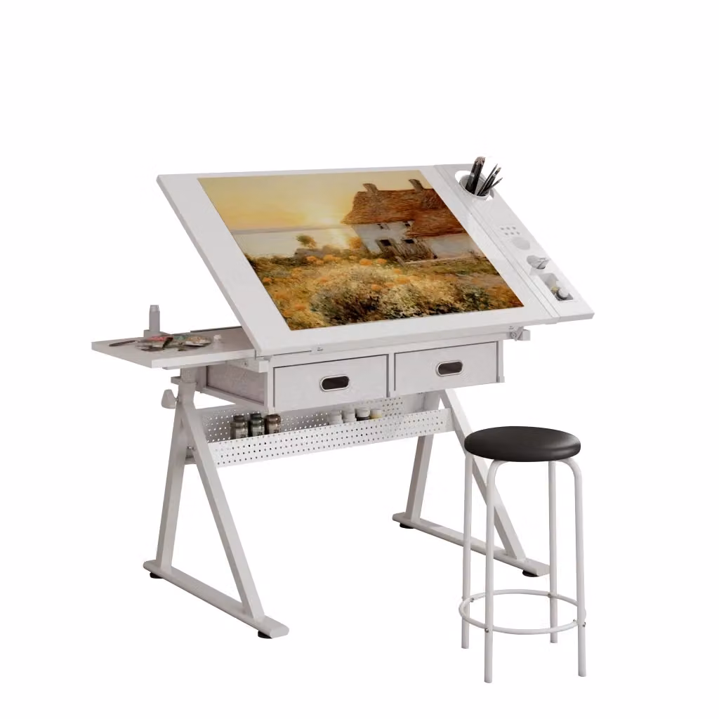 Scrivania da disegno Minimal bianca con 2 cassetti, regolabile in altezza e inclinazione, L: 90 cm, P: 50 cm, H: 75 cm – 2