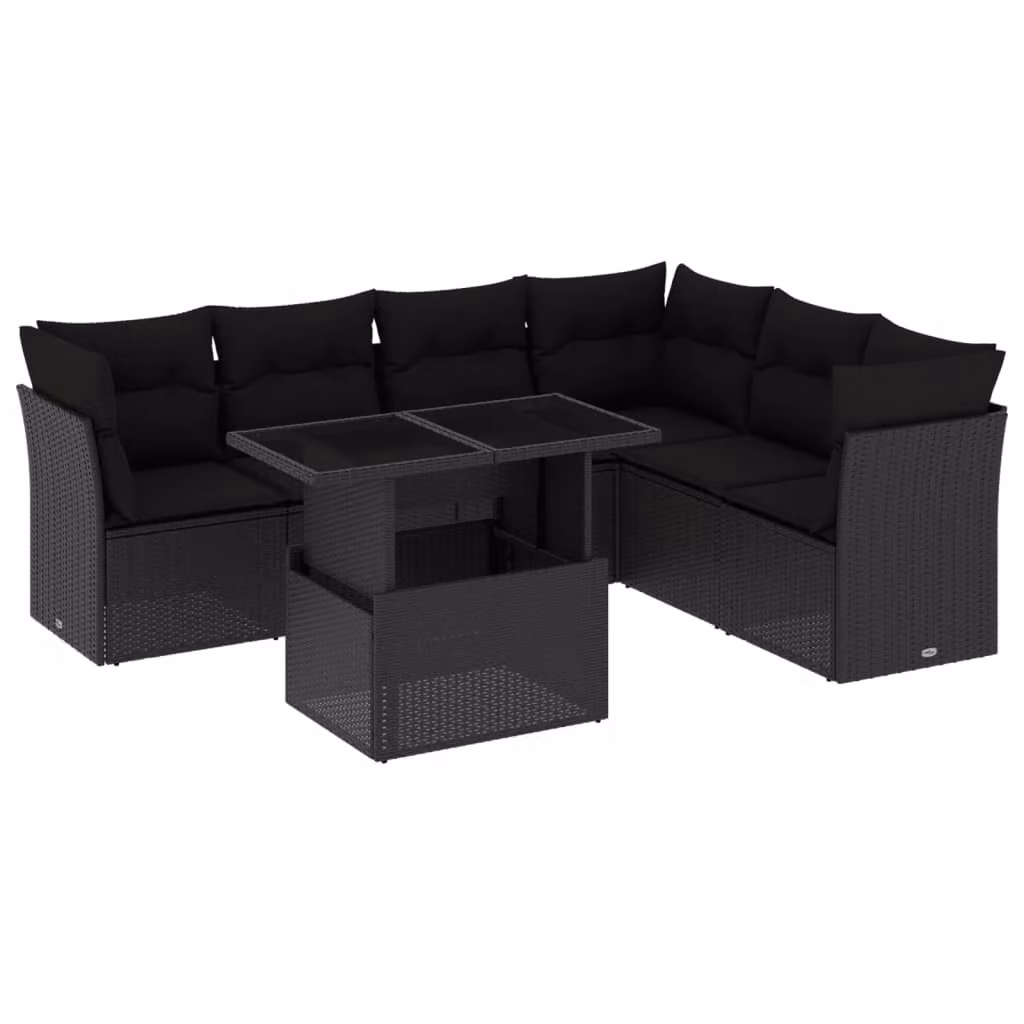 Set Divani da Giardino con Cuscini 7pz Nero Polyrattan