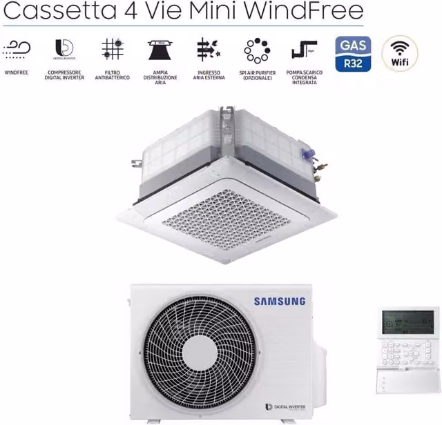 Condizionatore Samsung Cassetta 4 Vie Inverter MINI WINDFREE 12000 Btu AC035RNNDKG Bianco con Pannello e Comando a Filo e Wi-Fi Opzionale