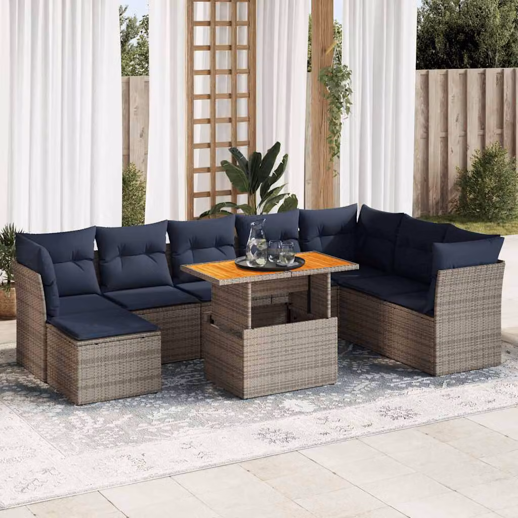 Set Divano da Giardino vidaXL 6 pz a forma di U in Polyrattan con Cuscini Grigio e Blu e Tavolino da Caffè