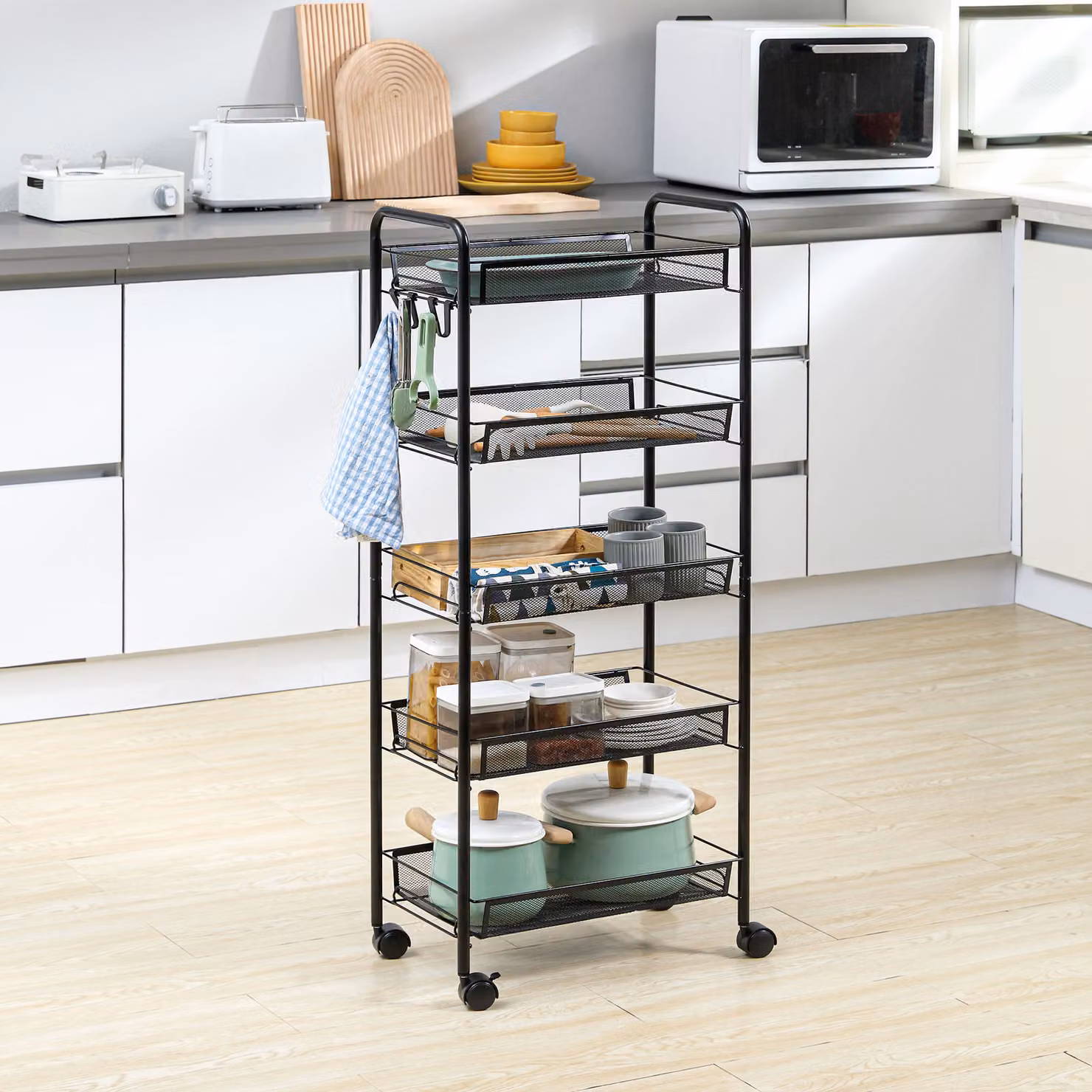 Carrello da cucina salvaspazio HOMCOM con 5 livelli e cestini in rete metallica, Nero, L 45 cm x P 26,5 cm x H 106 cm – 2