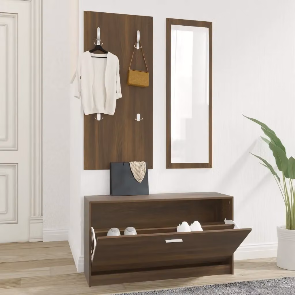 Set Scarpiere 3 in 1 con Specchio e Appendiabiti per Ingresso in Legno Rovere Marrone Opaco – 2