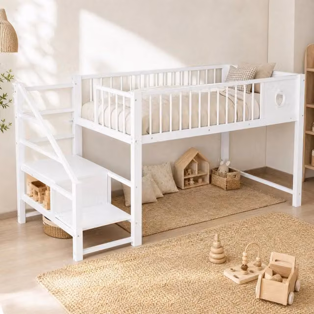 Letto a soppalco basso ULEVR 90x200 cm con scala contenitore e vano sottostante, struttura in metallo e MDF, bianco