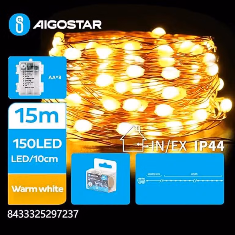 Catena luminosa a LED con filo di rame, 15 metri, luce bianco caldo, 150 LED