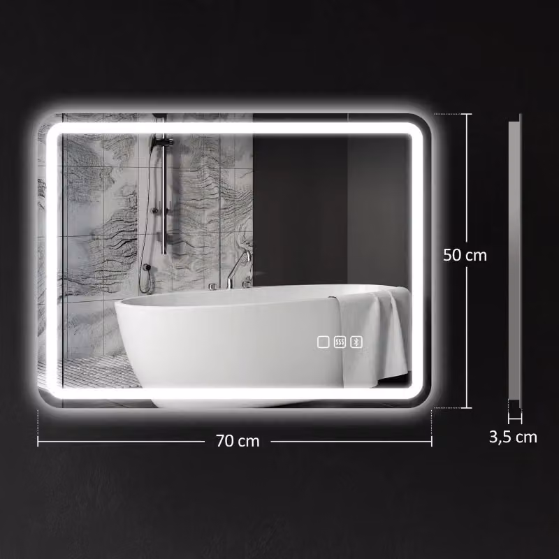 Specchio da bagno WISHDOR con LED, Bluetooth, funzione antiappannamento e touch dimmable, argento, L: 50 cm, H: 70 cm – 2