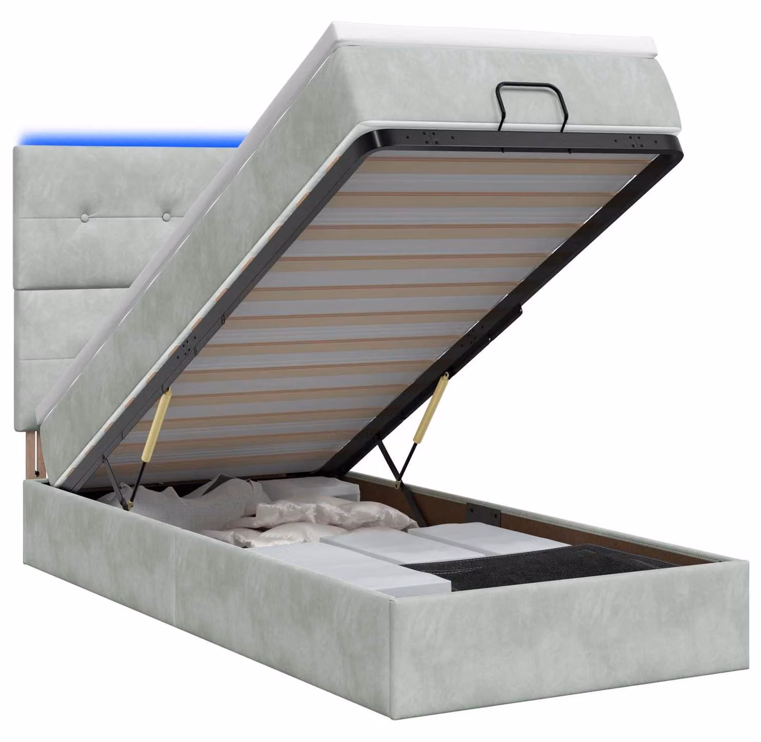 Letto con contenitore e materasso LED, colore grigio chiaro, dimensioni 90 x 190 cm