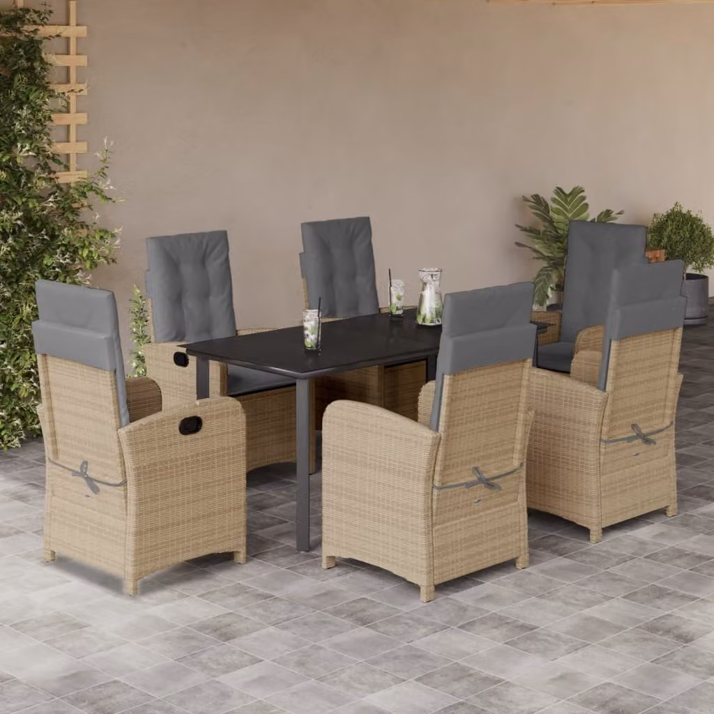Set Pranzo da Giardino vidaXL in Polyrattan con Cuscini Beige e Tavolo in Vetro, 7 Pezzi – 1