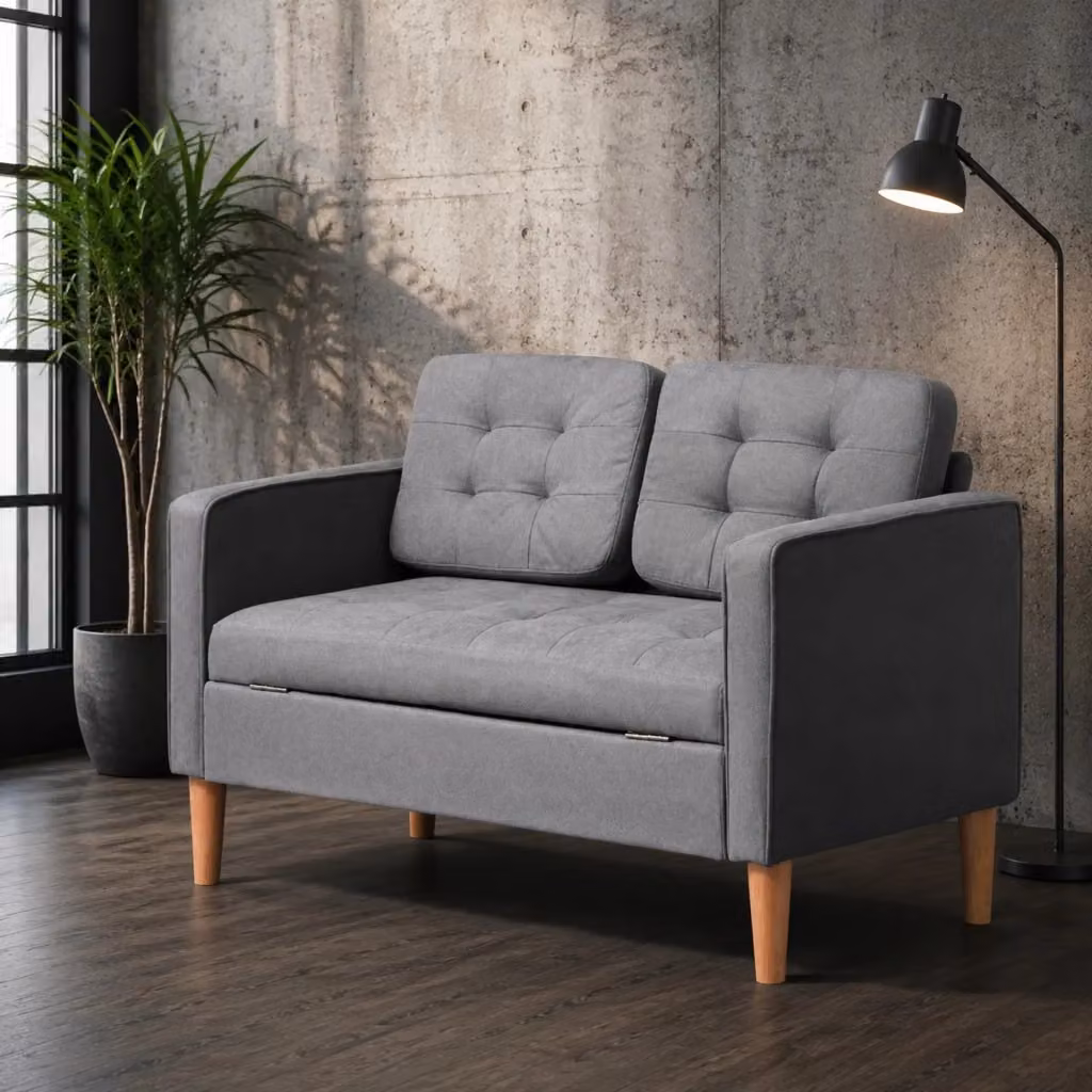 Divano a 2 posti Mivray con vano contenitore, rivestimento in tessuto grigio e struttura in legno, L: 117 cm, P: 62 cm, H: 78 cm – 2