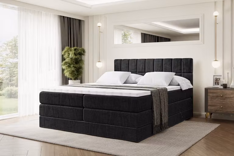 Letto boxspring ALTDECOR con 2 materassi e topper - 160x200 cm - MIAMI KING - Velluto nero - Letto imbottito con materassi H3 e H4, contenitore e rete a doghe, letto con spazio contenitivo