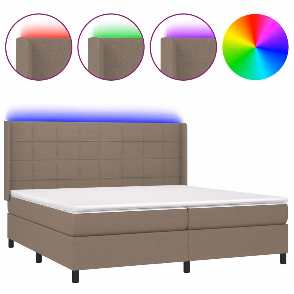 Letto a Molle Materasso e LED tortora 200x200cm in Tessuto