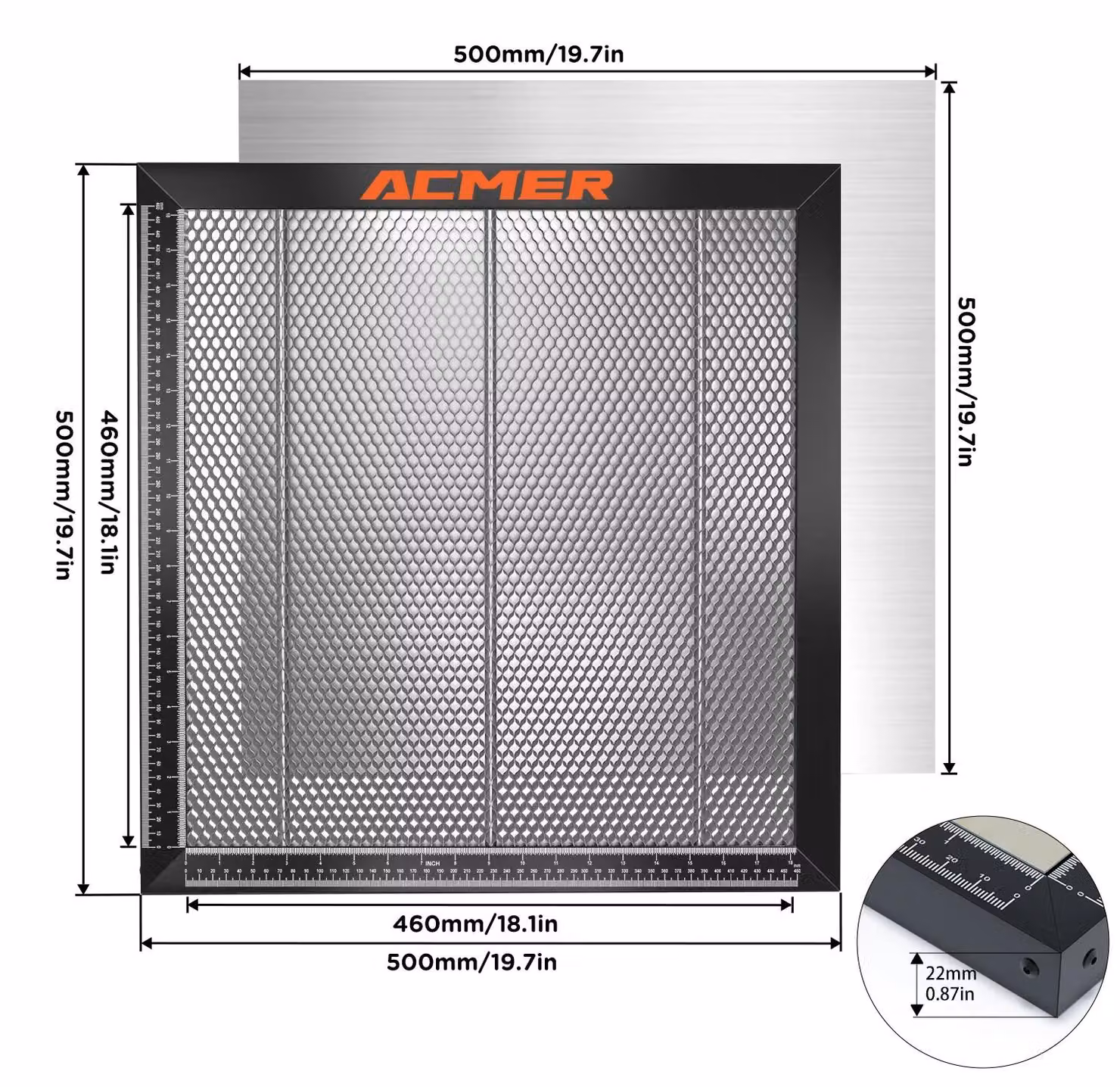 Tavolo alveolare per incisione laser - Piastra di taglio e incisione laser CO2 - Tavolo alveolare universale - Superficie di lavoro 50x50 cm, altezza 2,2 cm - Con piastra in alluminio - 500x500x22 mm