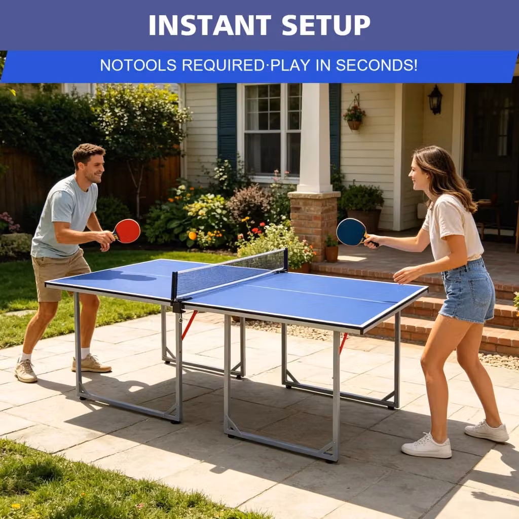 Tavolo da ping pong pieghevole REDOM blu con set completo di rete, 2 racchette e 3 palline, L/P/H: 182 x 91 x 76,2 cm – 2
