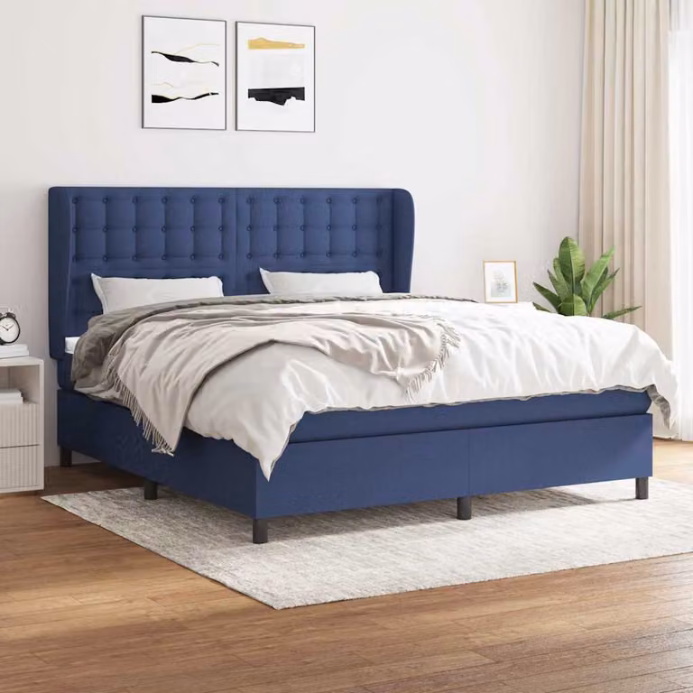 vidaXL Giroletto a Molle con Materasso Ibrido in Tessuto Blu e Bianco L/P: 180 x 200 cm