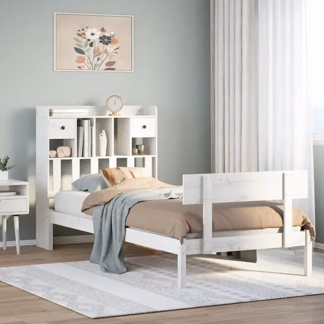 Letto con Libreria e Cassetti VIDAXL in Legno di Pino Bianco Rustico L: 151 cm, P: 110 cm, H: 81 cm – 1