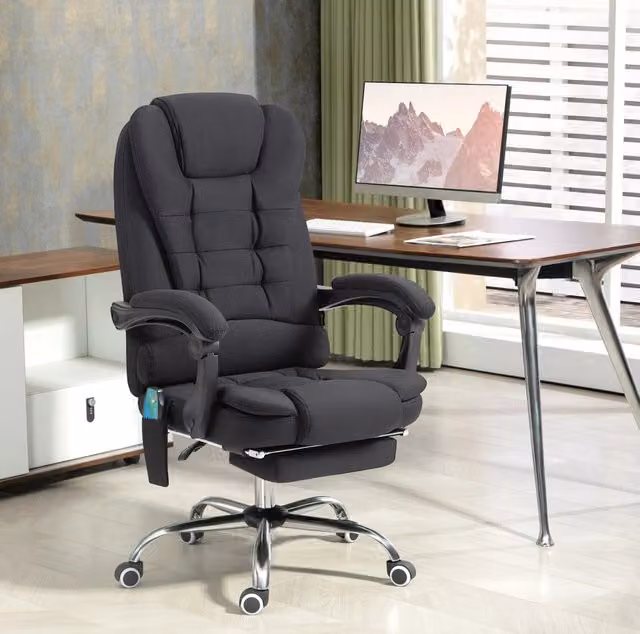 Sedia da ufficio massaggiante con calore e poggiatesta, reclinabile 135°, rivestimento in tessuto nero per home office – 1