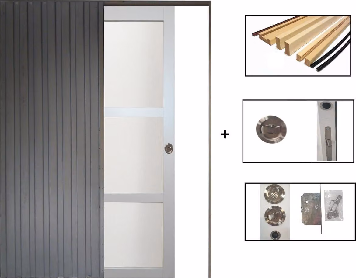 Porta scorrevole Greyria grigia chiara con vetro H204 x L93 cm, incasso, kit finitura Gd Menuserie