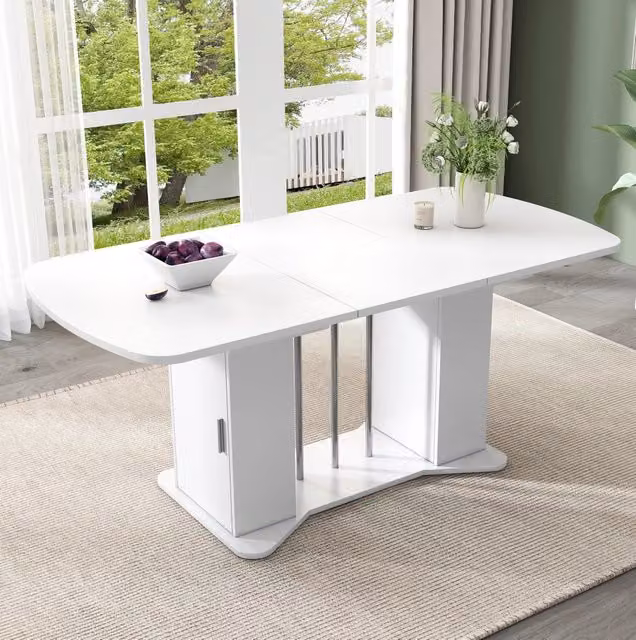 Tavolo da pranzo allungabile 120/160 x 80 cm in MDF; bianco con gambe effetto argento
