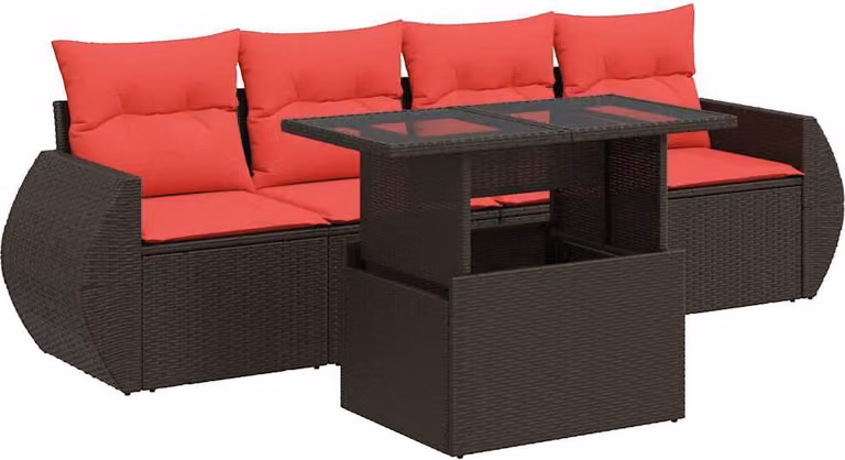 Set Divano da Giardino 5 pz Cuscini Marrone Polyrattan e Acacia