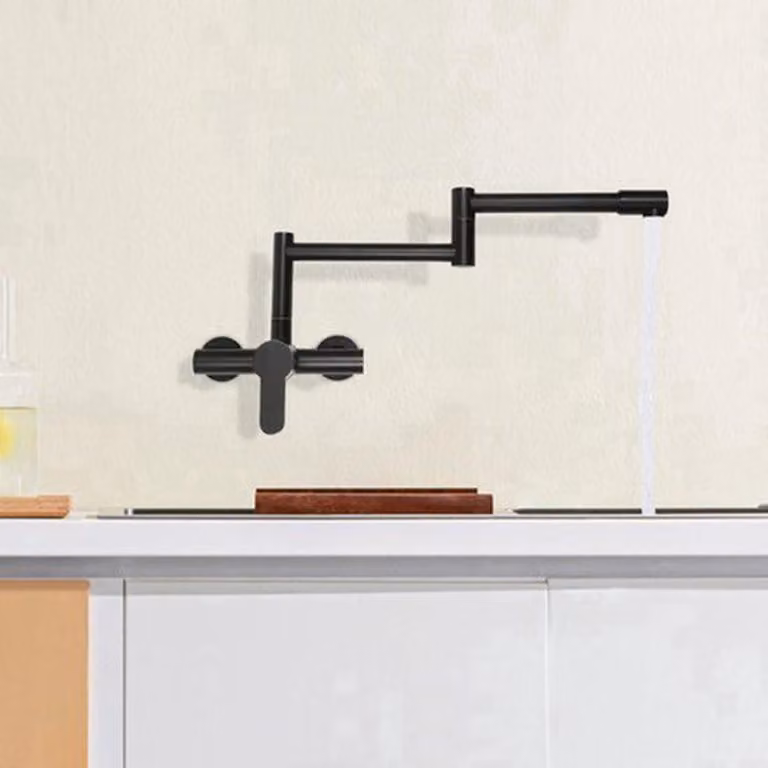 Rubinetto da cucina nero, girevole a 360 gradi, in ottone, da montare a parete, miscelatore monocomando