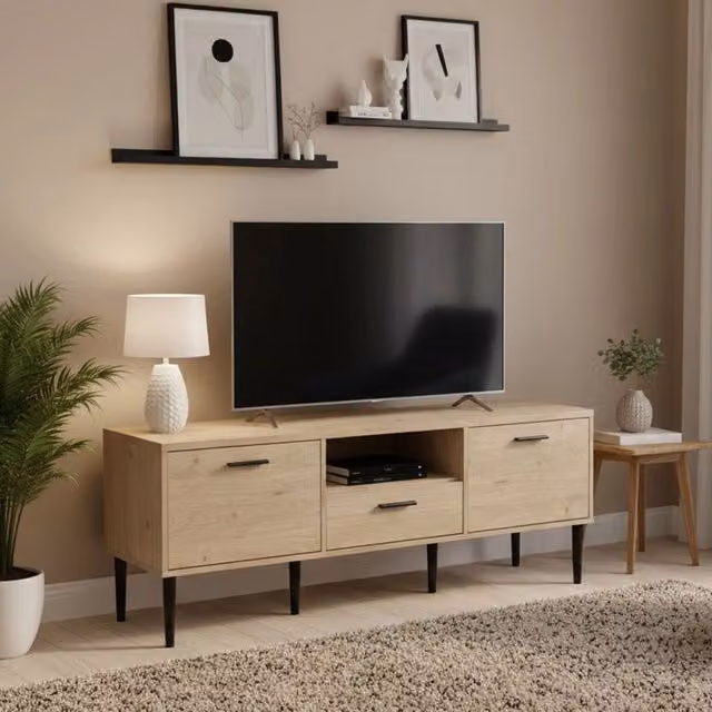 Mobile porta TV Elie DMORA in legno Rovere, Credenza moderna per soggiorno con passacavi, L: 147,2 cm, P: 39,8 cm, H: 56,8 cm – 1