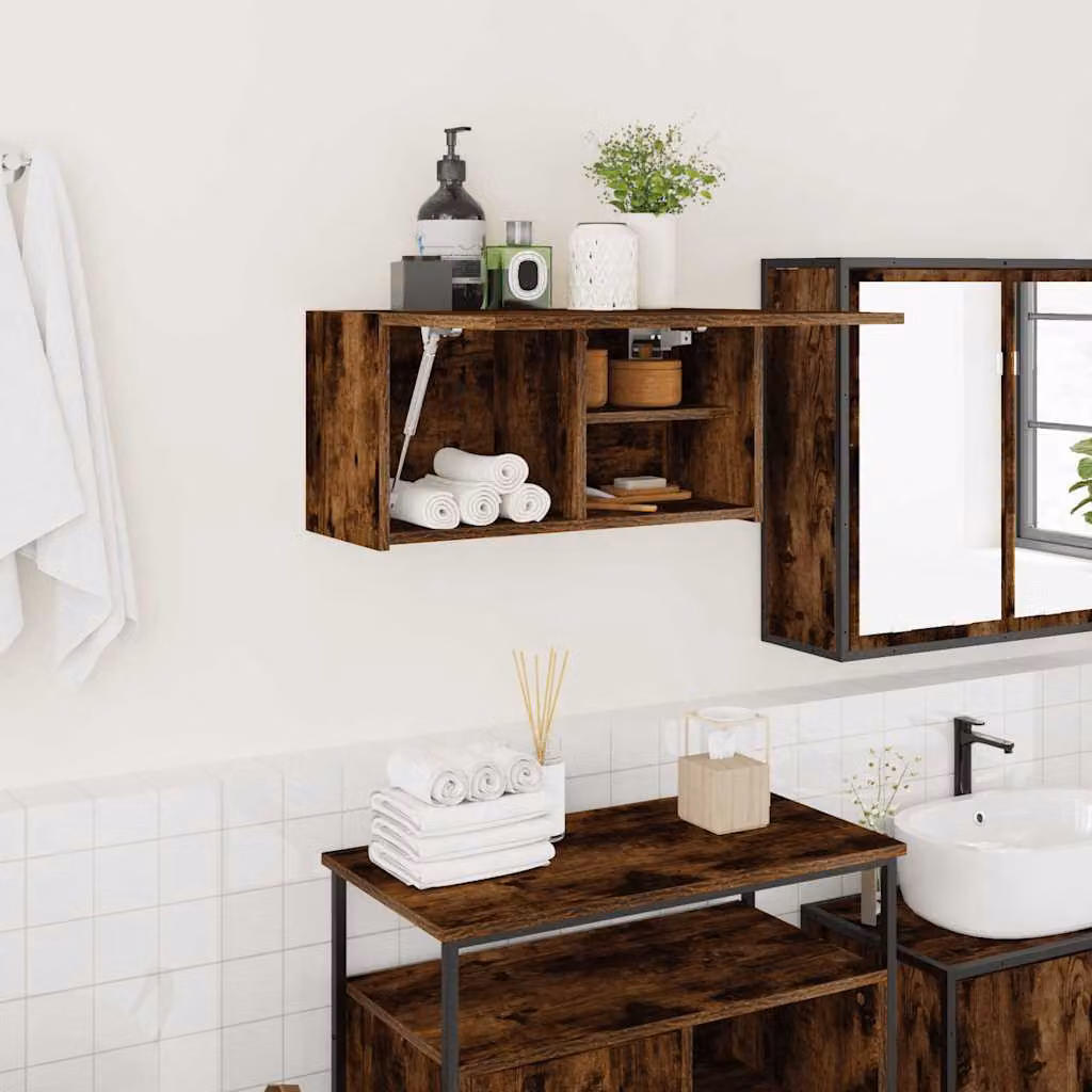 Armadietto da bagno vidaXL in legno Rovere Fumo con ante a battente, L 60 cm x P 25 cm x H 30 cm