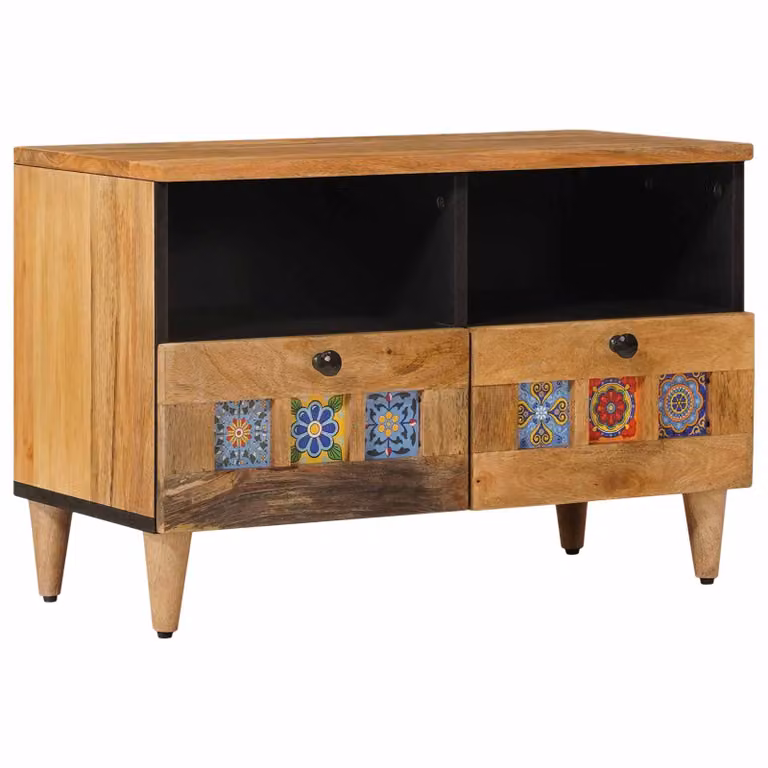 Mobile TV vidaXL in legno di mango massello, colore naturale, L: 70 cm, P: 33 cm, H: 46 cm