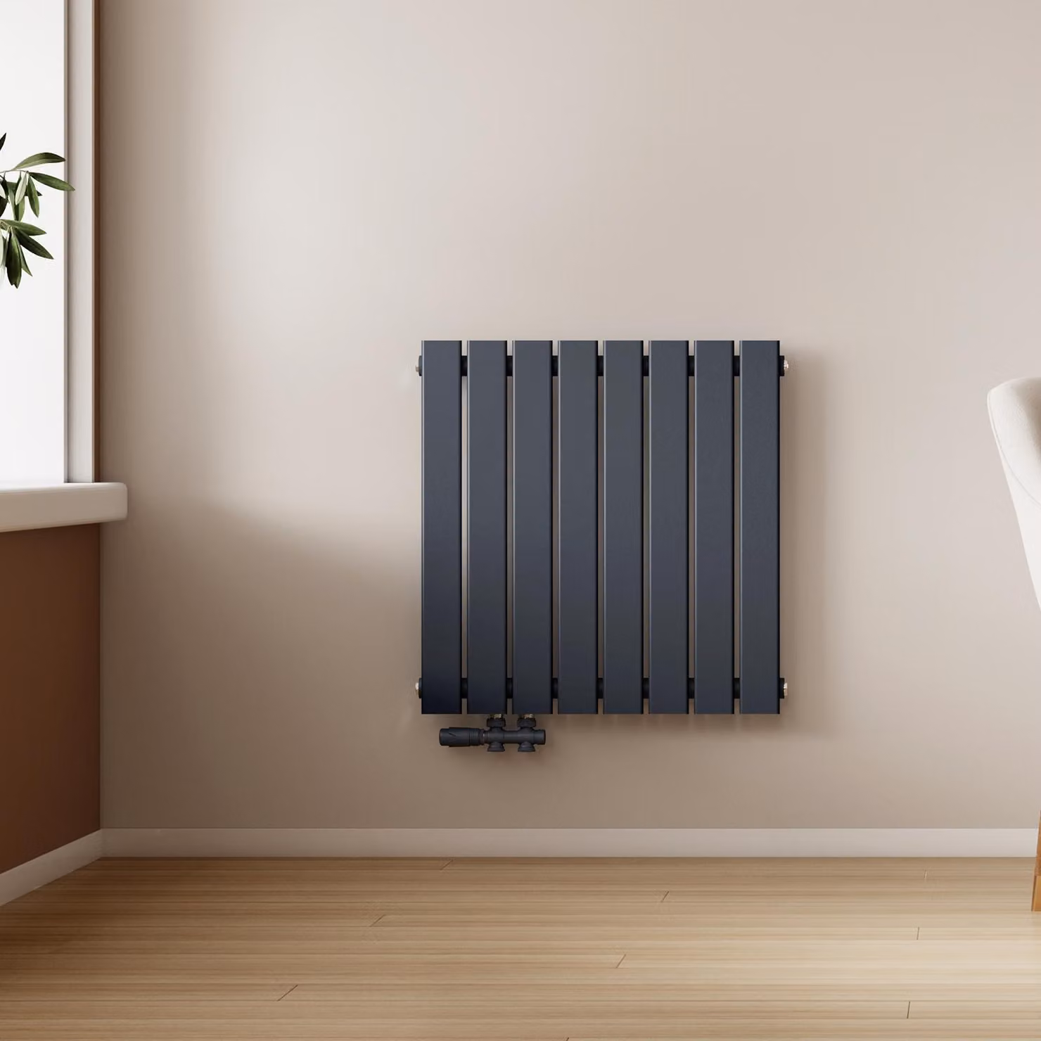 Radiatore EMKE, modello a pannello, design piatto, dimensioni 63 x 61,6 cm, a singolo strato, potenza 438 W, colore antracite