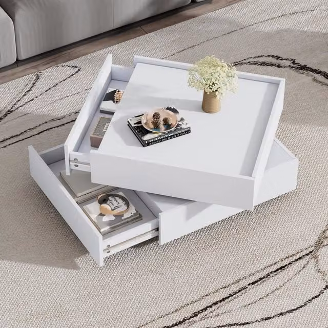 Tavolino da Salotto Girevole a 360° Bianco Puro con 2 Cassetti 60x60x38 cm