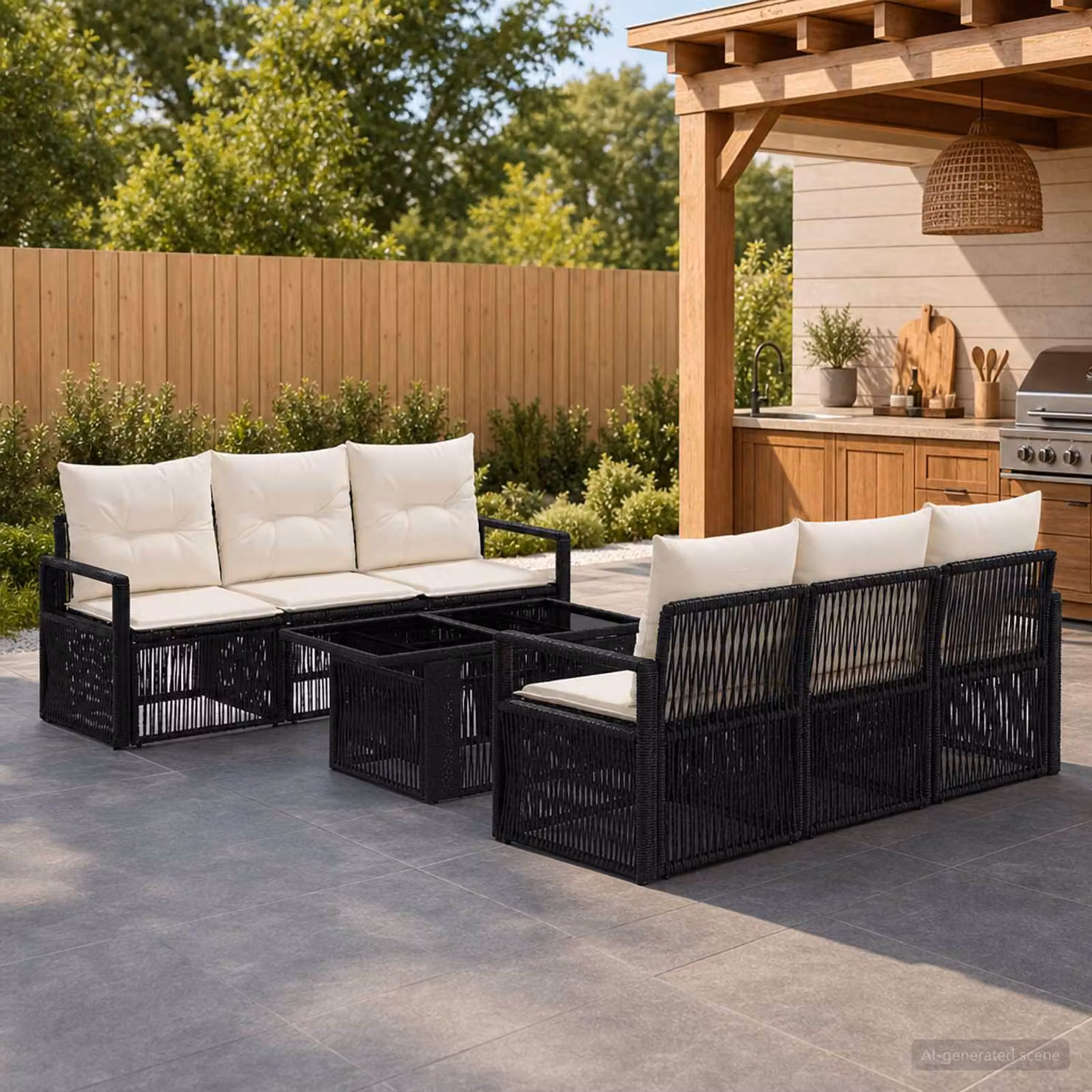 Set Divano da Giardino vidaXL 7 Pezzi a Forma di U in Polyrattan Nero e Bianco Crema con Cuscini e Tavolino