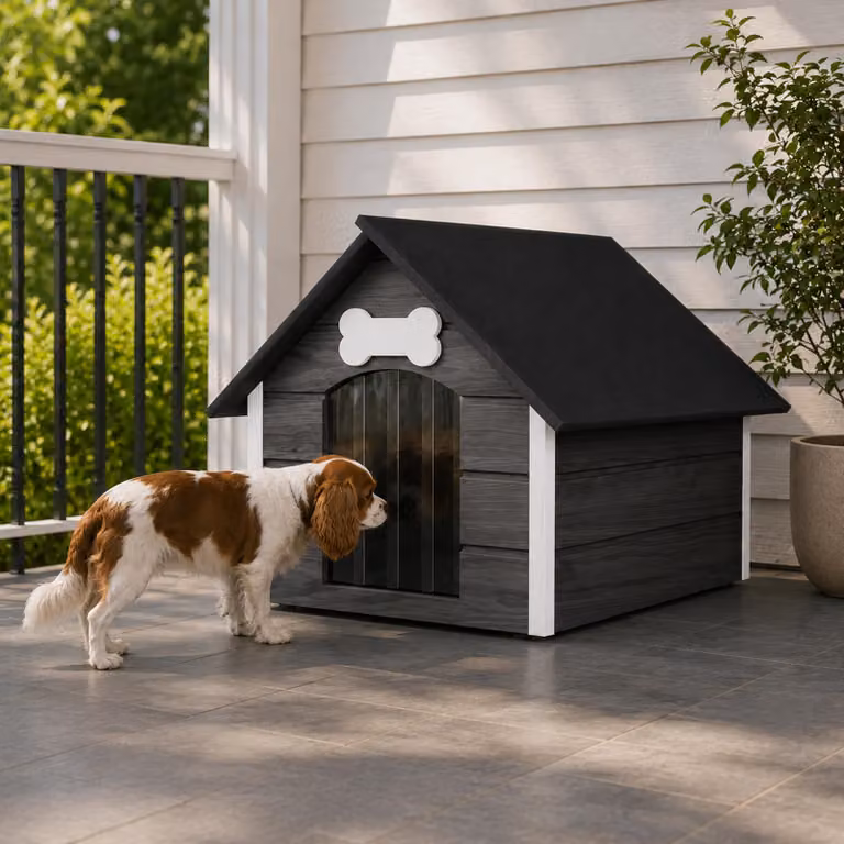 Cuccia per cani QLS, dimensioni L, 81x68 cm, isolata, in legno, per esterno, colore grigio e bianco, modello 9118