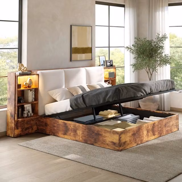 Letto imbottito con testiera, 6 vani, contenitore idraulico e LED, 180x200 cm, marrone