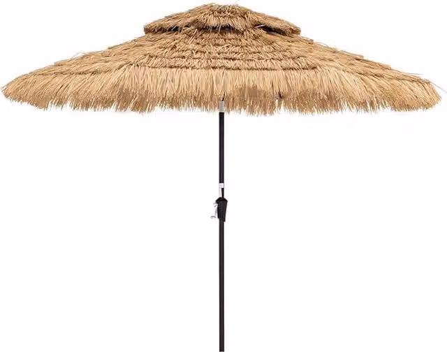 Ombrellone da Giardino Tiki Hawaiano Costway in Paglia e Poliestere Marrone con Luci LED, Inclinazione 35° e Manovella Manuale, Altezza: 256 cm