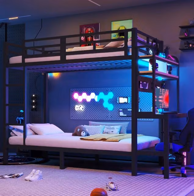 Letto a castello 90 x 200 cm con scrivania; ripiani; LED e USB; nero