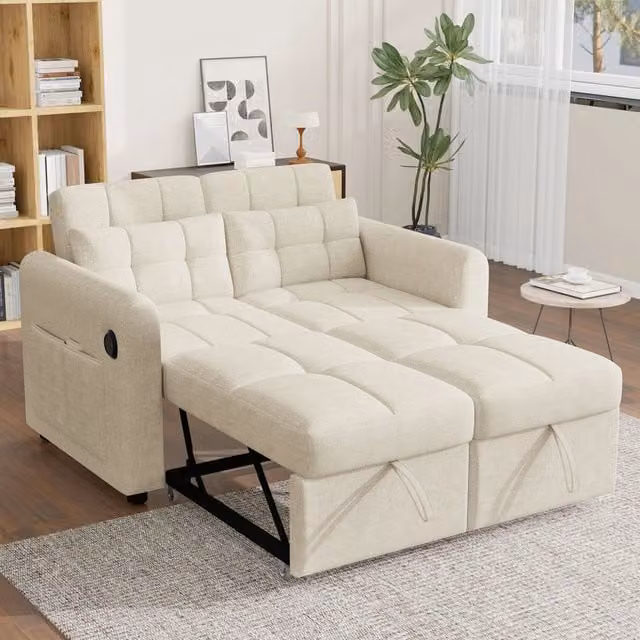 Divano letto 3-in-1 REDOM con schienale regolabile in cotone e lino beige, L: 142 cm, P: 85 cm, H: 83 cm